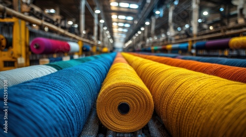 Colorful display of yarn rolls in a textile manufacturing facility showcasing vibrant hues and industrial setting