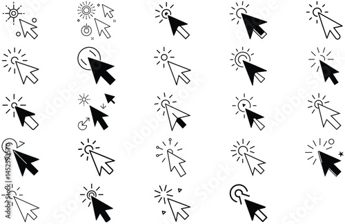 "Vector Cursor Icon Collection – Black Silhouette and Line Art Set Featuring Arrow Pointers, Hand Click Icons, and Computer Mouse Symbols. Isolated Digital UI Elements Perfect for Web Design, Apps, In