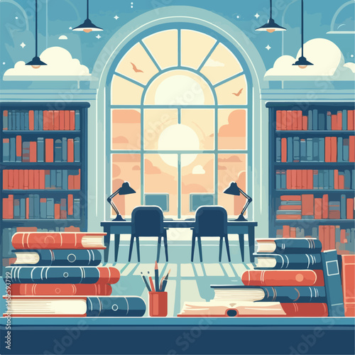 Cartoon illustration of a library with various books