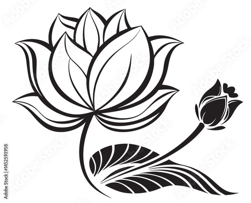 Open Lotus Blossom and Closed Bud Black and White Art