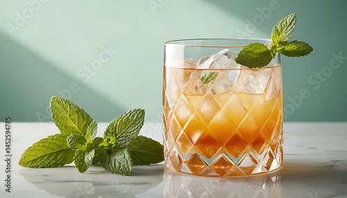 Refreshing Whiskey Smash Cocktail with Mint Garnish on Marble Tabletop