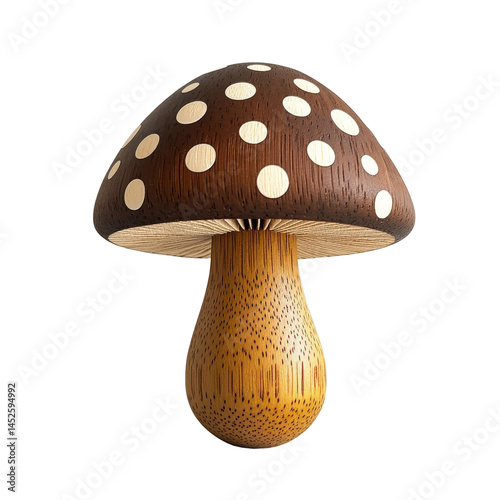 A single mushroom with a dark brown cap and white spots, a natural wooden base. Its texture and shape are very pleasant to see. photo