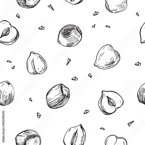 Hazelnuts vector seamless pattern hand drawn with ink . Whole and cut hazelnut kernels and nuts in shell. Template for label design