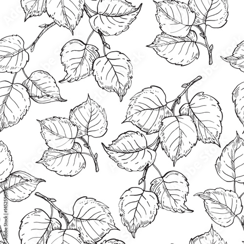 Wallpaper Mural Tree branch with leaves seamless pattern hand drawn with ink.. Vector black and white template .Hazelnut leaves ornament. Torontodigital.ca