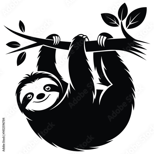 This black-and-white vector-style illustration features a cheerful sloth hanging upside down from a leafy tree branch. 