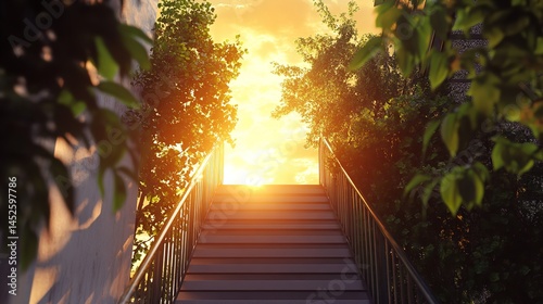 Sunlit Staircase Steps to Success Golden Hour Sunrise Peaceful Nature way sky path hope calm goal   