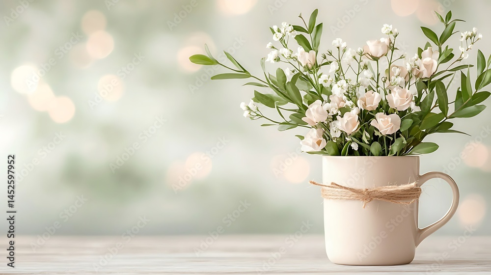 Fototapeta premium Delicate white flower arrangement in a cup indoor setting decorative still life photography