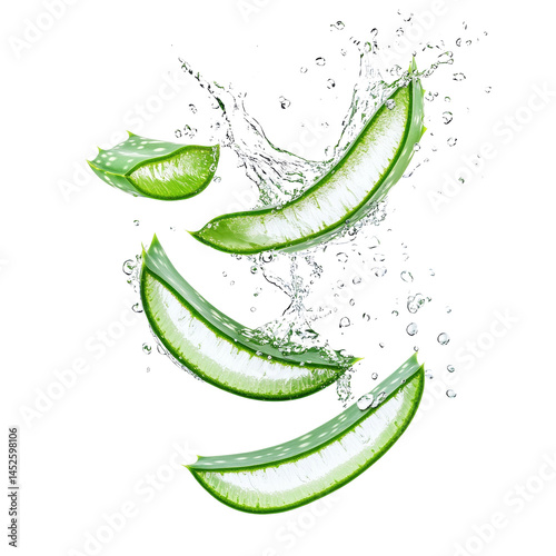 Aloe vera slices levitating with water droplets creating a refreshing visual impact against a solid backdrop