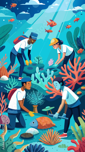 A group of people are working together to clean up a polluted ocean. The image is a colorful and lively depiction of the ocean and its inhabitants. The people are wearing backpacks