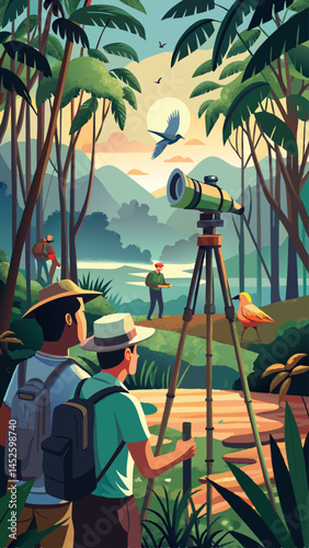 A group of people are looking through a camera lens in a jungle. The man holding the camera is wearing a hat and a backpack
