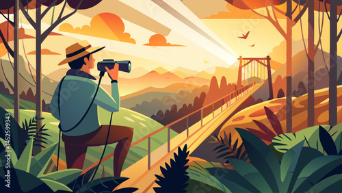 A man is taking a picture of a beautiful landscape. The scene is filled with trees, a river, and a bridge. The man is holding a camera and he is enjoying the view