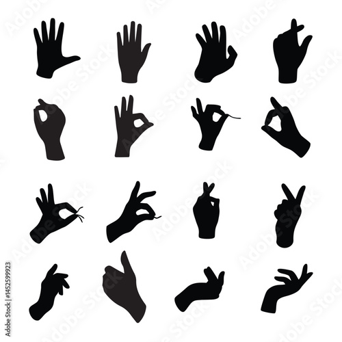 Collection of black silhouette hand gestures. showing a variety of movements fingers spread, grasping, positions, signs, Ideal arm.