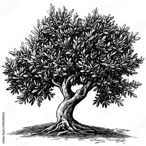 Hand drawn olive tree, vintage woodcut, sketch style vector, black ink tree, antique engraving, rustic botanical art, traditional etching, countryside flora, nature drawing, organic plant