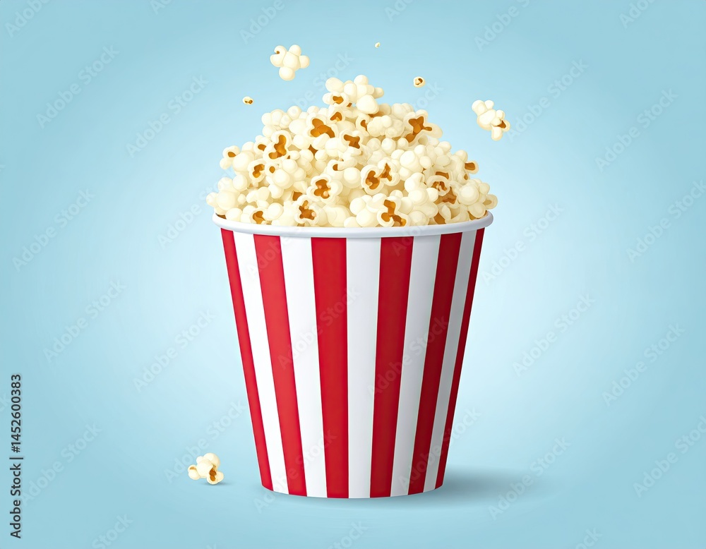 A delightful burst of buttery popcorn, ready for movie night. The perfect cinematic snack in a classic red and white striped bucket A delightful burst of buttery popcorn, ready for movie night. The perfect cinematic snack in a classic red and white striped bucket