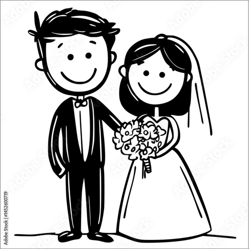 Cartoon Wedding Couple: A Celebration of Love in Black and White
