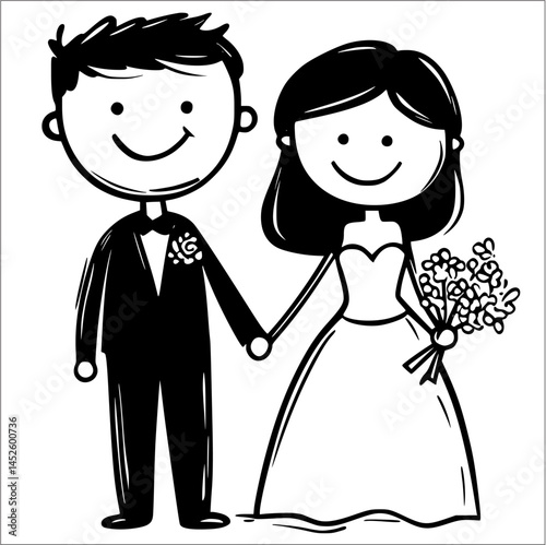 Cartoon Wedding Couple: A Celebration of Love in Black and White