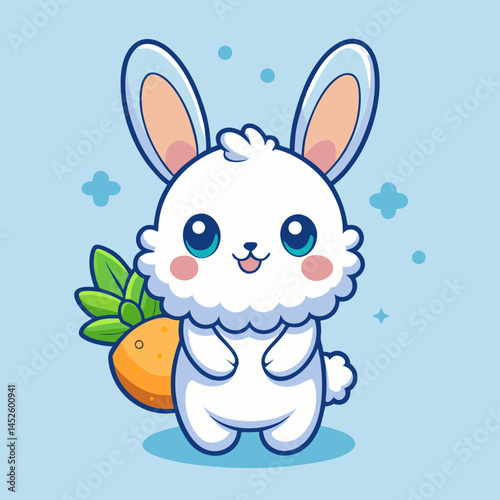 Adorable Fluffy White Bunny Rabbit Holding a Carrot