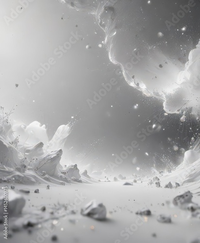 Ethereal white space, translucent particles softly drift, creating depth and calm , image, backdrop, calm