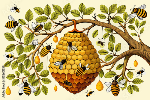 Honeycomb Hanging from Tree Branch with Busy Bees