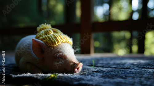 A cute shote wearing a yellow hat, remain on a wooden deck, with a forest backdrop.