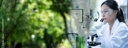 banner background of laboratory and nature field, an experiment blending science, nature, and technology advanced green innovation, marking a breakthrough in sustainable research and discovery.