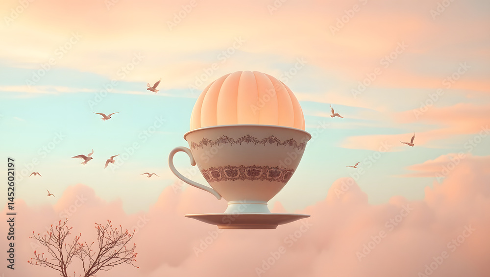 Giant Teacup Hot Air Balloon Soaring Through Pastel Sky