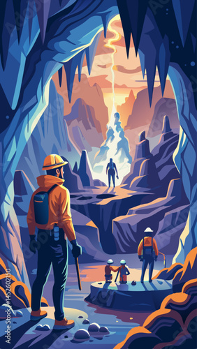 A group of people are standing in a cave, with one man holding a camera. Scene is adventurous and exciting, as the group is exploring a cave