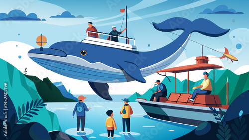 A blue whale is flying over a group of people on a boat. The people are looking up at the whale, and there are several boats in the background. Scene is one of wonder and excitement