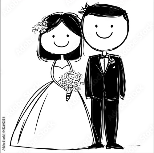 Cartoon Wedding Couple: A Celebration of Love in Black and White