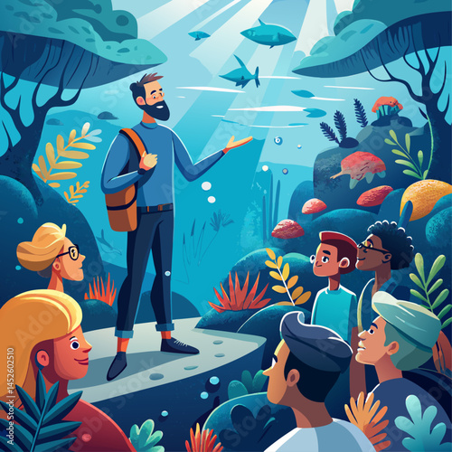 A man is talking to a group of children in a fish tank. The children are wearing goggles and looking at the fish