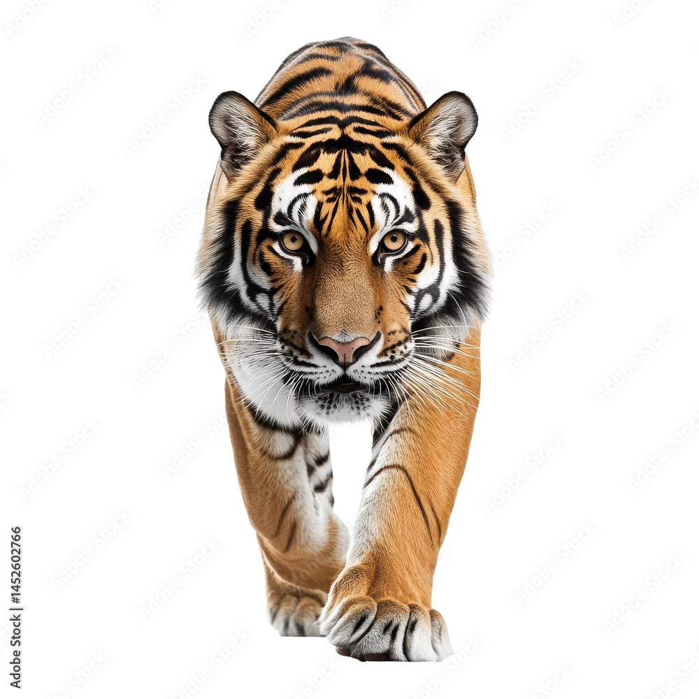 Fototapeta premium A majestic tiger confidently strides towards the viewer, showcasing its striking stripes and intense gaze. The image captures the power and grace of this magnificent creature.