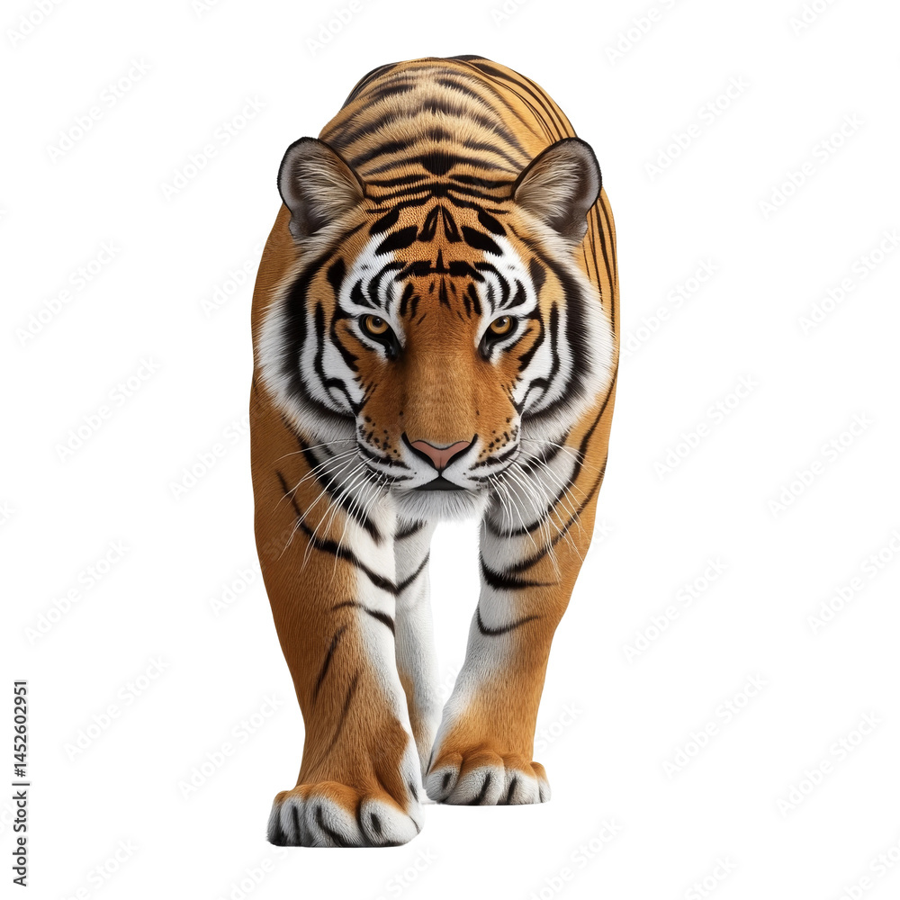 Obraz premium A majestic tiger confidently striding forward, its orange and black stripes a testament to its power and beauty