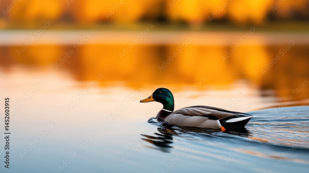 Obraz premium Serene Mallard Duck Swimming in Calm Waters at Sunset Reflection