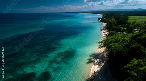 A serene aeriform view of a tropical beach with clear turquoise water and vibrant gullible surroundings under a bright sky.