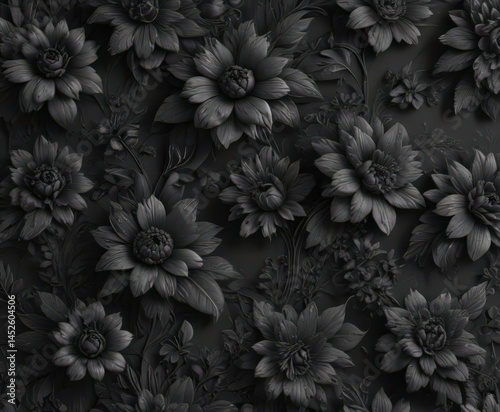 Wallpaper Mural Intricate black charcoal floral wallpaper, textured & elegant , victorian, monochrome, damask Torontodigital.ca