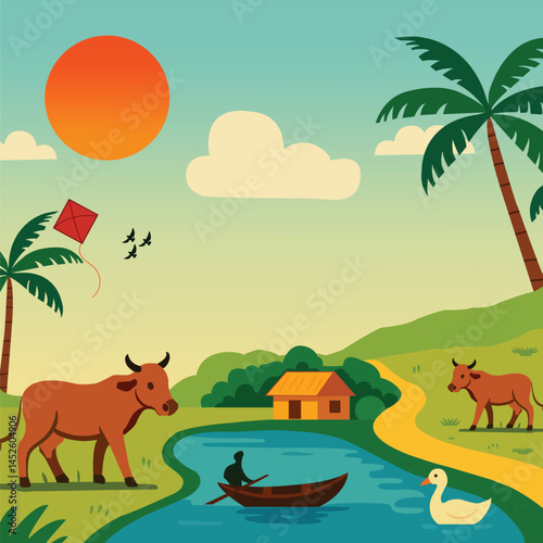 Serene Village Scene A Rural Landscape with Cows, River, and Sunset
