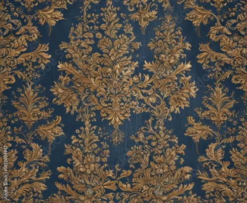 Elegant blue & gold damask, intricate floral details, luxurious seamless pattern, intricate, royal