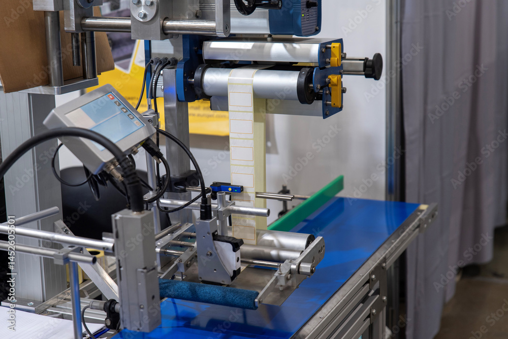 Industrial labeling machine with control panel close-up Industrial labeling machine with control panel close-up
