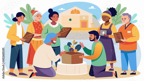 A group of people are gathered around a box, with some of them kneeling down. Scene is one of community and togetherness, as the people are working together to accomplish a task