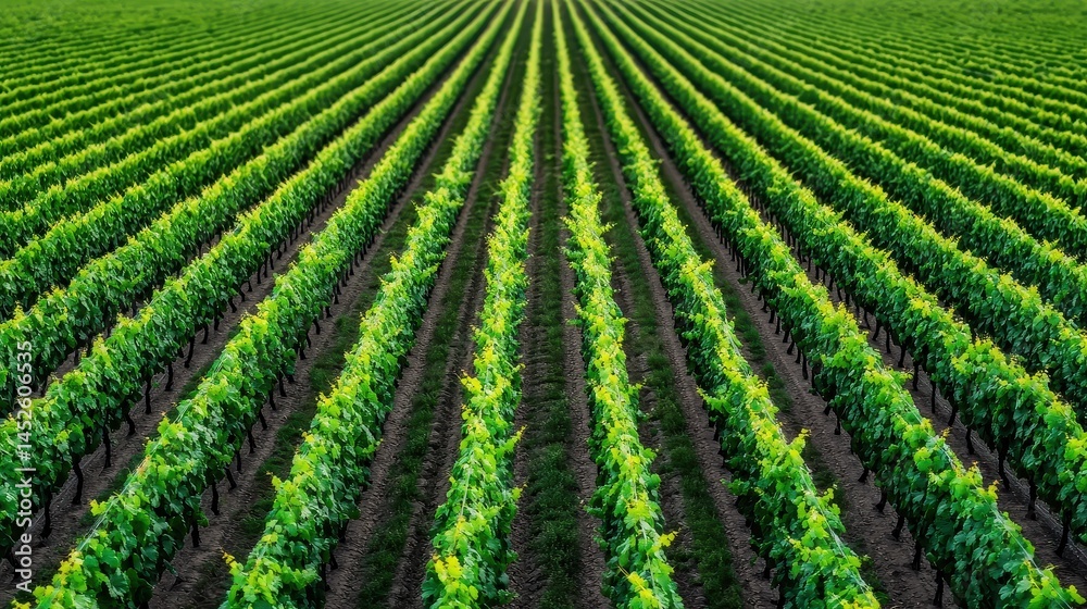 Lush Green Vineyard Rows in Spring Under Clear Blue Sky Lush Green Vineyard Rows in Spring Under Clear Blue Sky