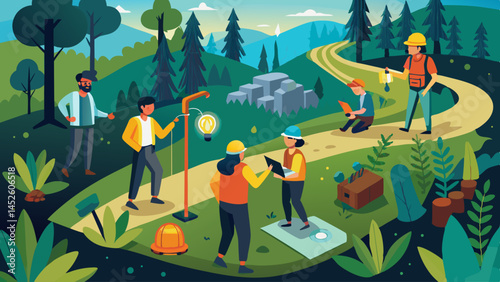 A group of people are walking down a path in a forest. Some of them are carrying backpacks and a few are wearing hard hats. The scene is lively and full of energy, with people of different ages