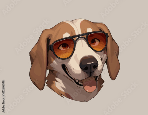 A cheerful illustration of a dog wearing stylish sunglasses, showcasing a friendly smile and playful expression against a neutral background