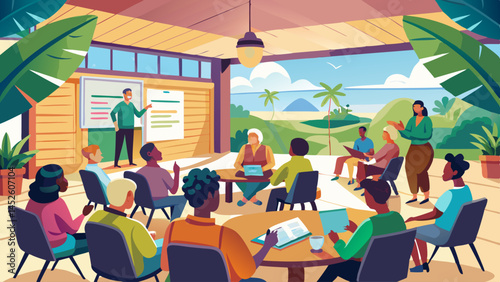 A group of people are sitting around a table with a man giving a presentation. Scene is one of learning and collaboration