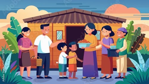 A group of people are gathered around a house, with some of them holding food. Scene is warm and welcoming, as the people are sharing food and enjoying each other's company