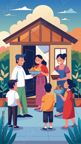A group of people are gathered around a house, with some of them holding food. Scene is warm and welcoming, as the people are sharing food and enjoying each other's company