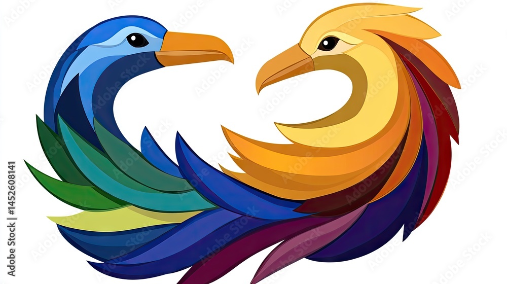 Obraz premium Two colorful birds facing each other, creating a heart shape. Their feathers are vibrant and abstract, forming a harmonious design