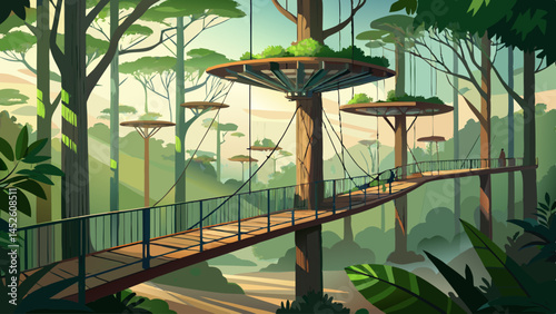 A bridge over a river with trees in the background. The bridge is wooden and has a treehouse on top. The scene is peaceful and serene, with the trees and water creating a calming atmosphere