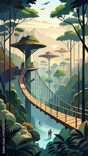 A bridge over a river with trees in the background. The bridge is wooden and has a treehouse on top. The scene is peaceful and serene, with the trees and water creating a calming atmosphere