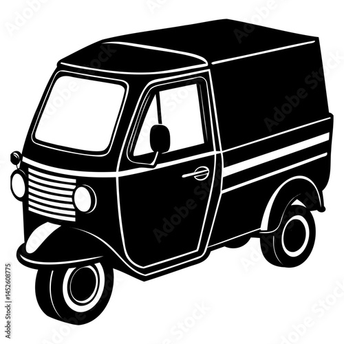 Black and white three wheeler delivery vehicle vector illustration for transportation and logistics needs design isolated on transparent background