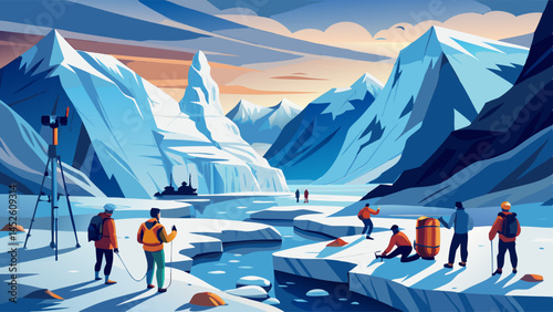 A group of people are standing on a frozen river in the mountains. The scene is serene and peaceful, with the snow-covered landscape and the people enjoying the beauty of nature